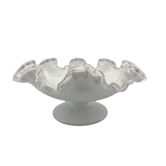 Unmarked Other - Vtg White Glass with Clear Ribbon Ruffled Footed Compote Candy Dish 4 In Tall